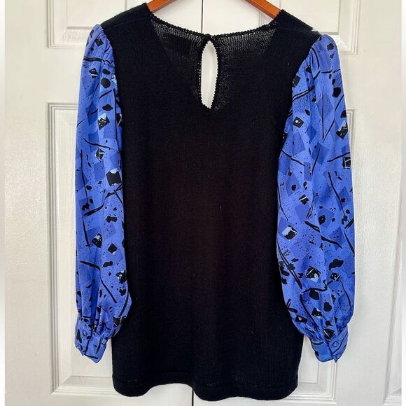 80s Sweater Vintage Geometric Print Fine Knit Sweater Shoulder Pads Size L - Picture 3 of 7